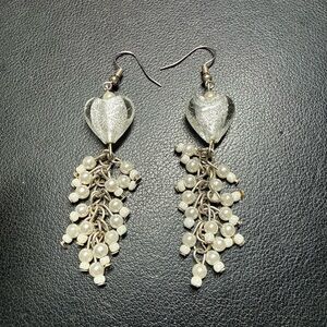 Dichroic Glass White Heart Faux Pearl & Seed Beaded Dangle Earrings Bridal